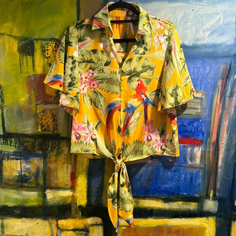 ELLI WHITE button down tropical tie front flutter sleeved blouse size small